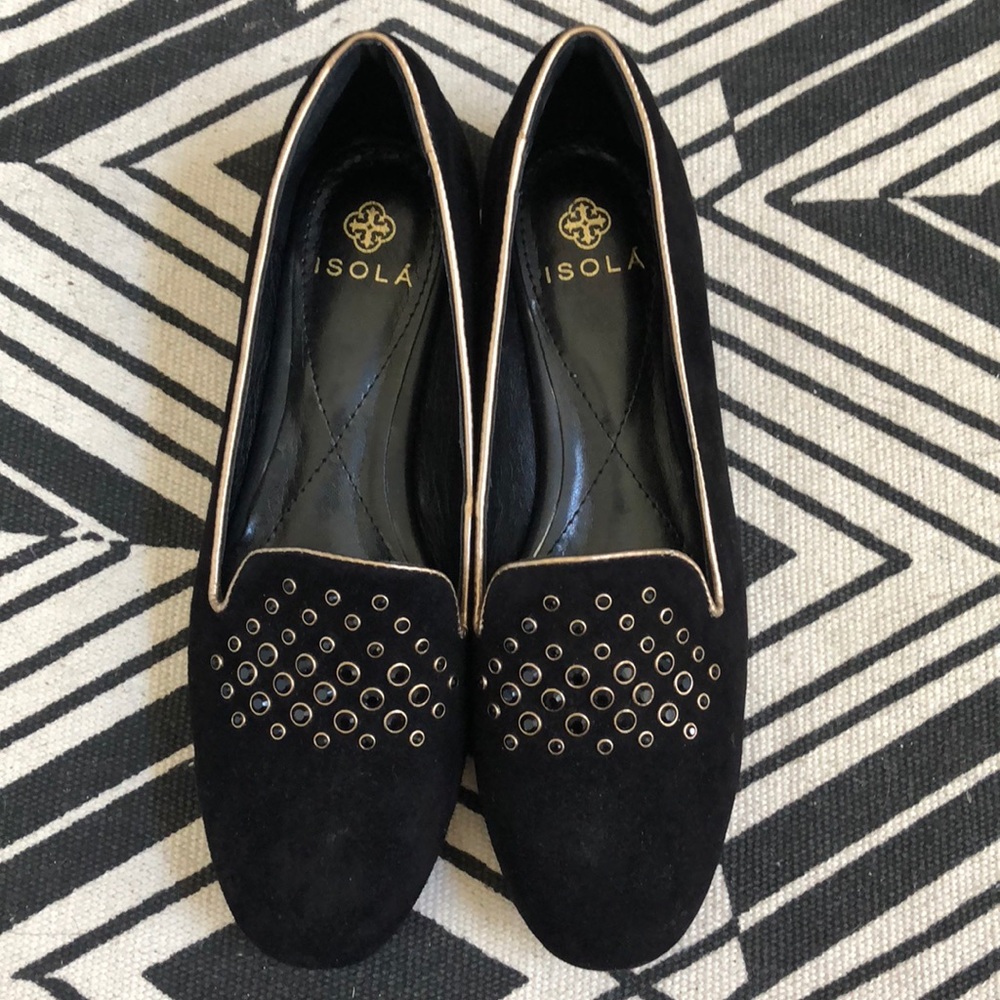 Isola Black Suede Flats with Gold Decoration